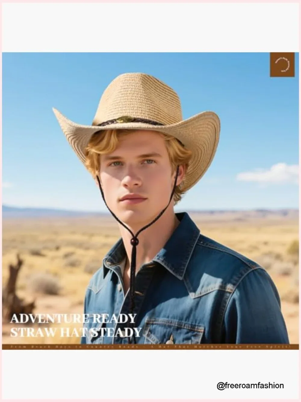 Wide Brim Straw Cowboy Hat with Chin Strap for Sun Protection
